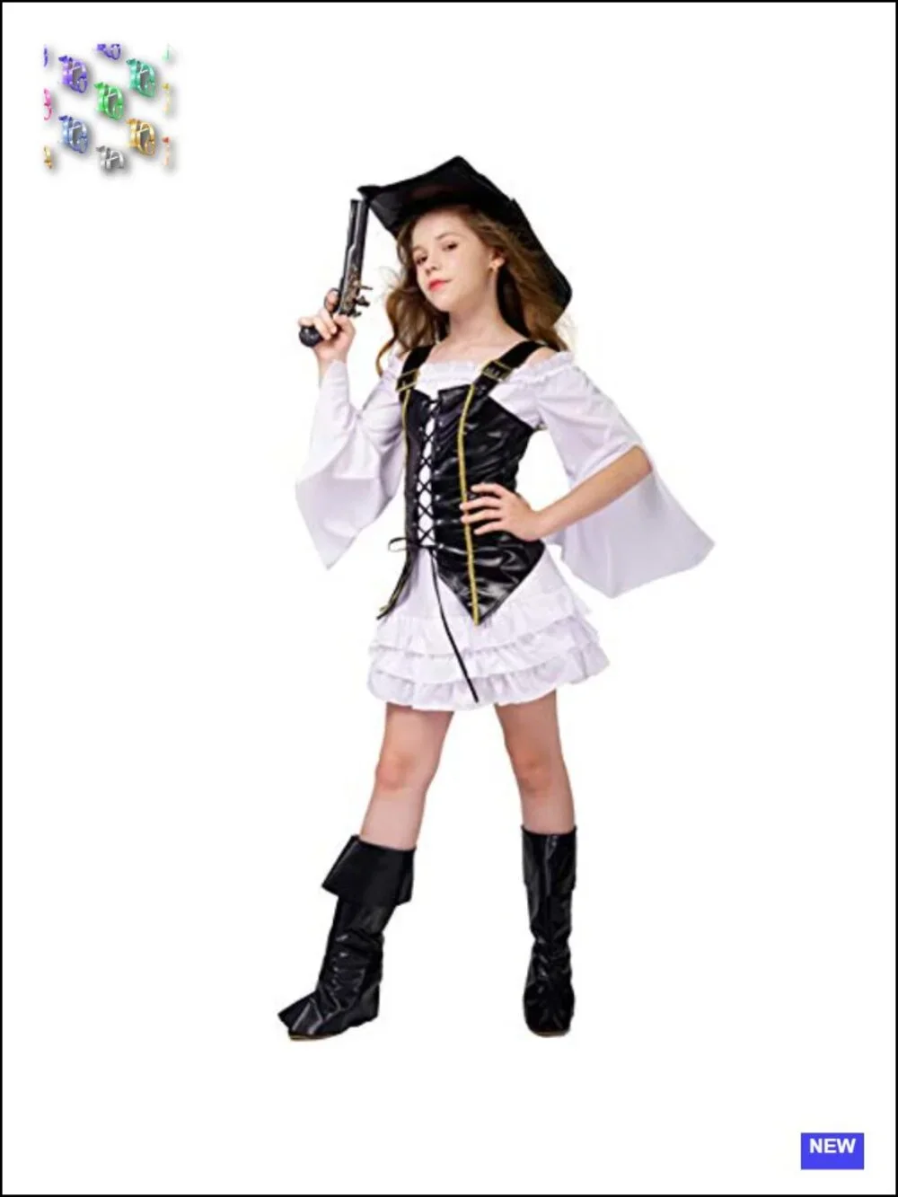 Kids Girl Pirate Halloween Costume with Hat, Dress, Vest & Boot Covers